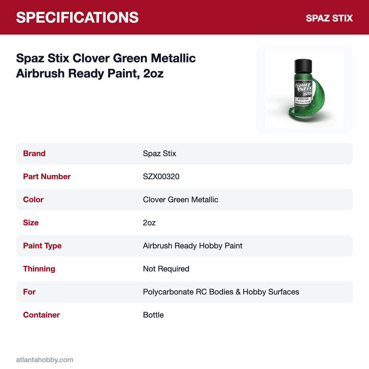 Spaz Stix Clover Green Metallic Airbrush Ready Paint, 2oz specifications