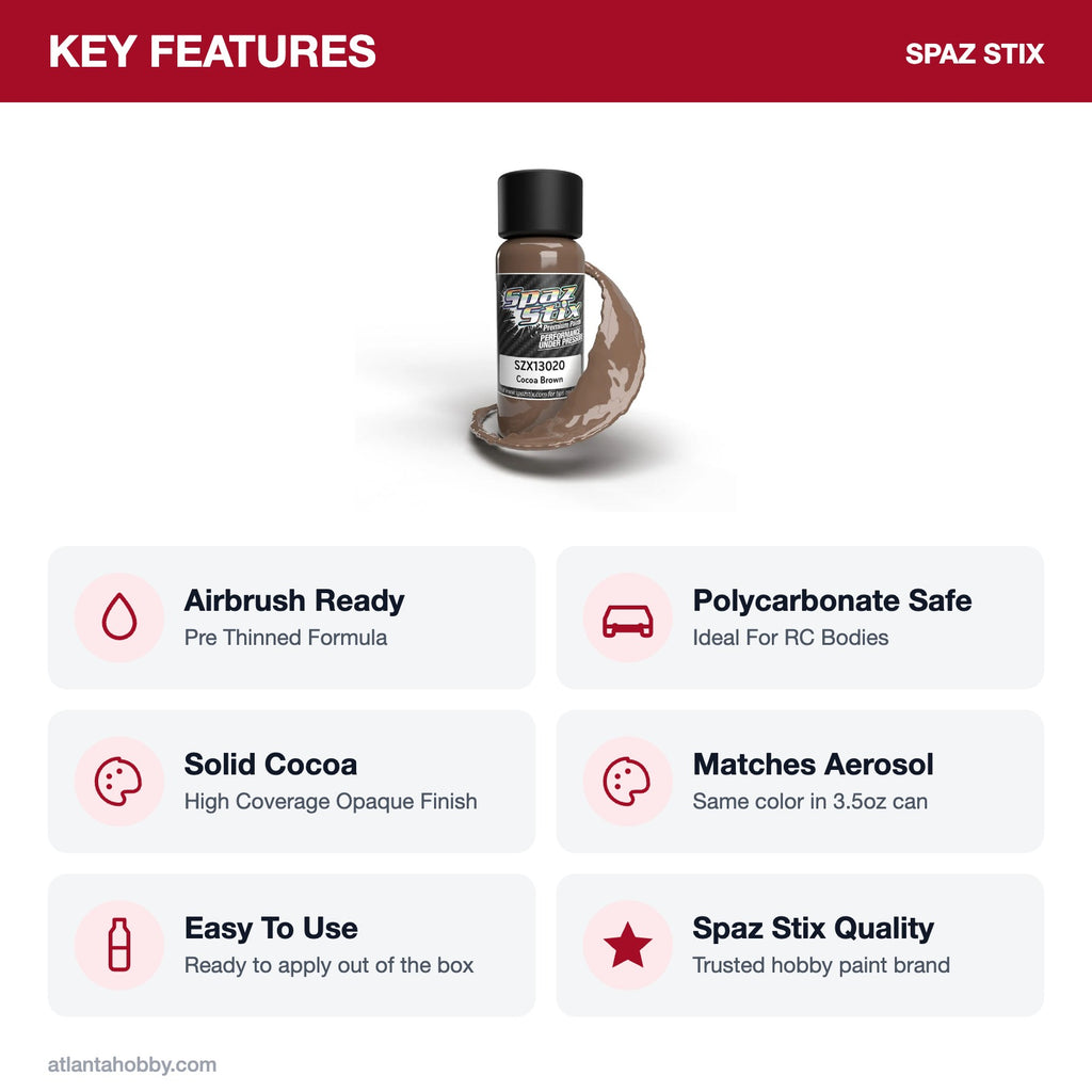Spaz Stix Cocoa Brown Airbrush Ready Paint, 2oz key features