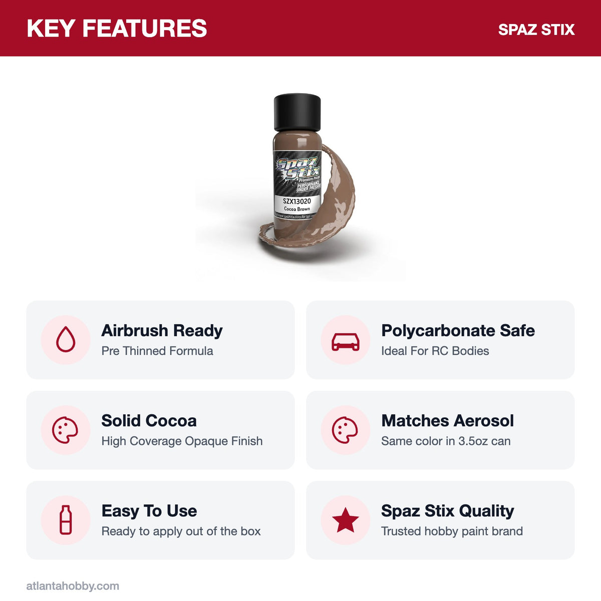 Spaz Stix Cocoa Brown Airbrush Ready Paint, 2oz key features