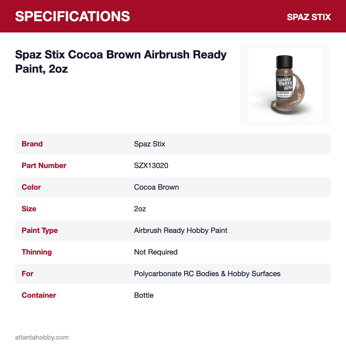 Spaz Stix Cocoa Brown Airbrush Ready Paint, 2oz specifications
