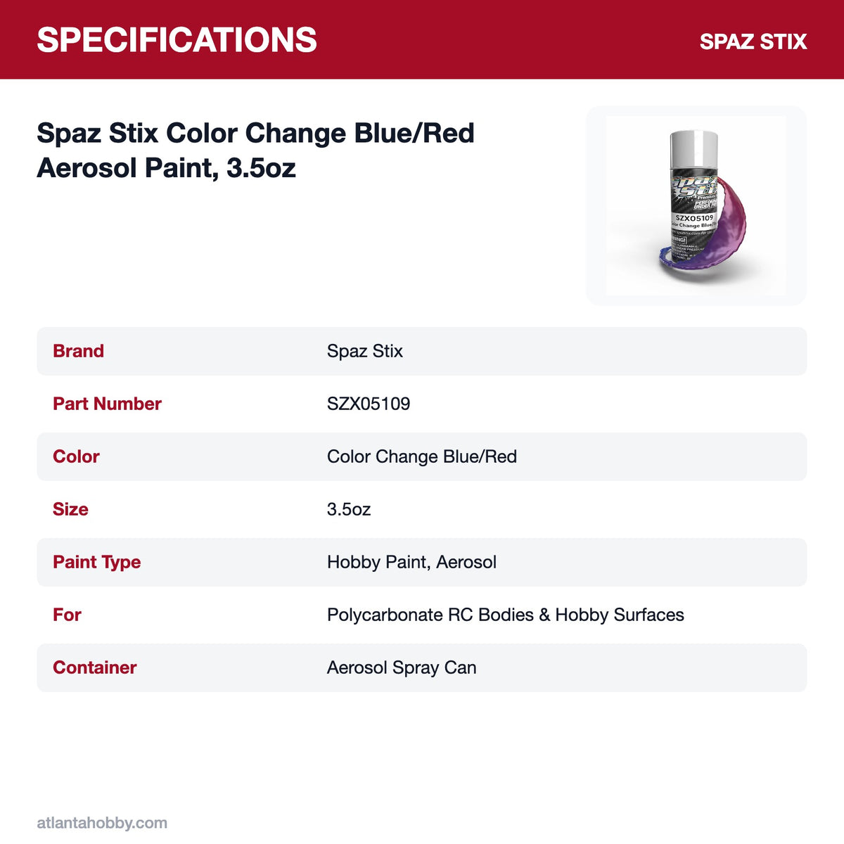 Spaz Stix Color Change Blue/Red Aerosol Paint, 3.5oz specifications