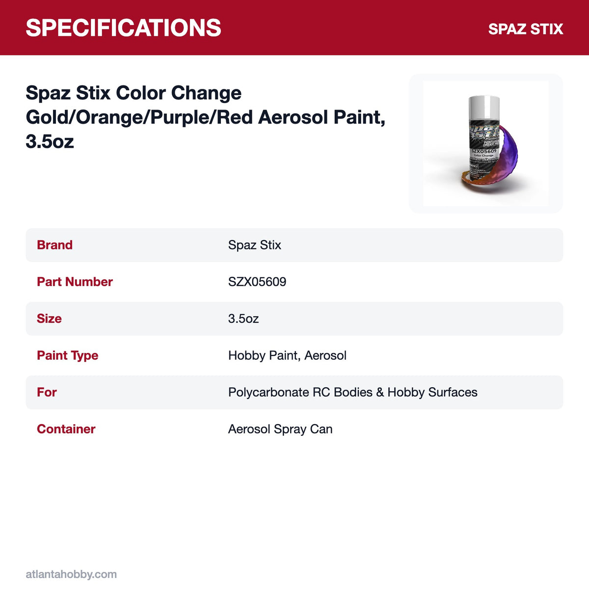 Spaz Stix Color Change Gold/Orange/Purple/Red Aerosol Paint, 3.5oz specifications