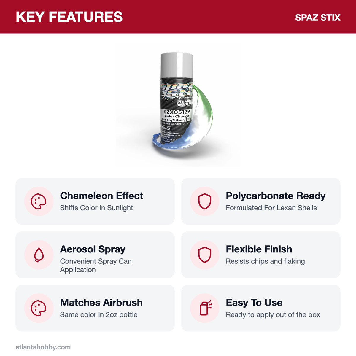 Spaz Stix Color Change Green/Silver/Blue Aerosol Paint, 3.5oz key features