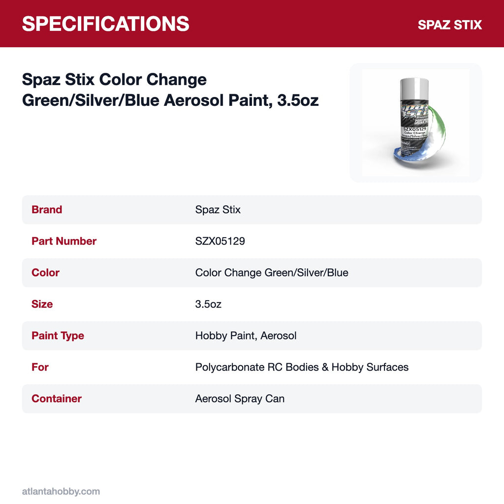 Spaz Stix Color Change Green/Silver/Blue Aerosol Paint, 3.5oz specifications