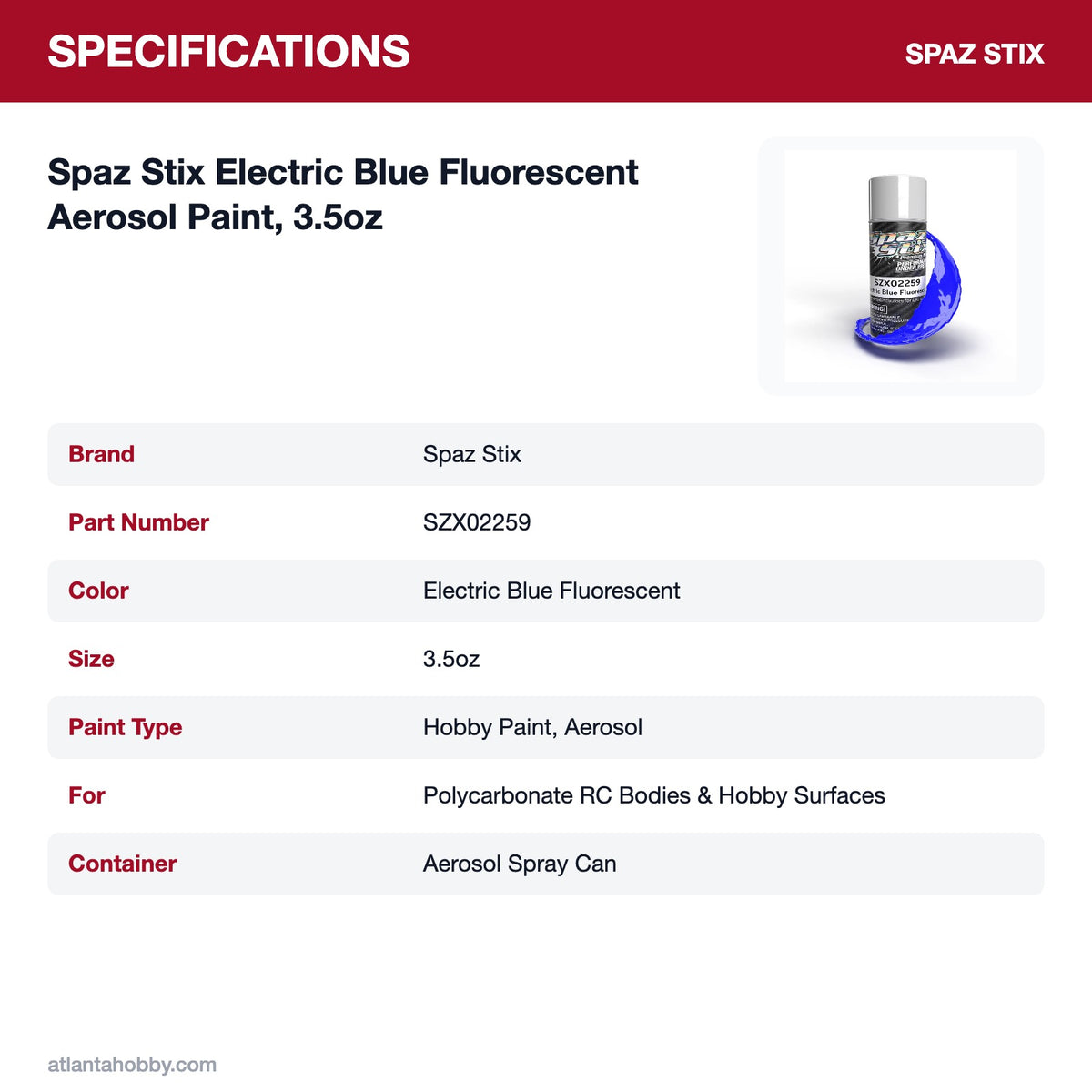 Spaz Stix Electric Blue Fluorescent Aerosol Paint, 3.5oz specifications