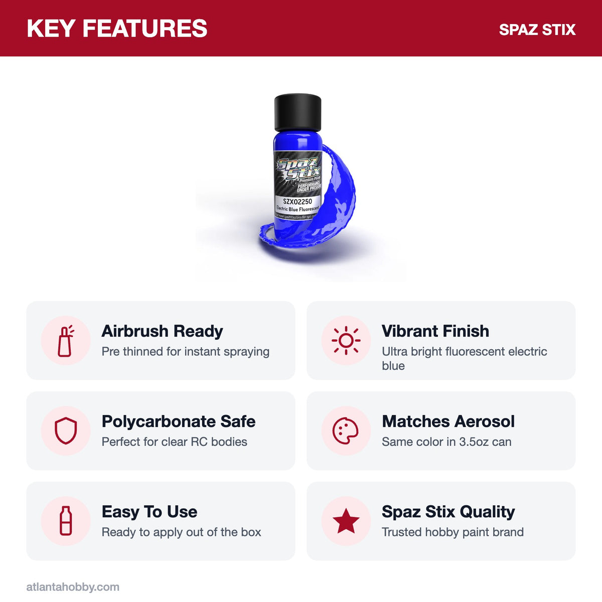 Spaz Stix Electric Blue Fluorescent Airbrush Ready Paint, 2oz key features
