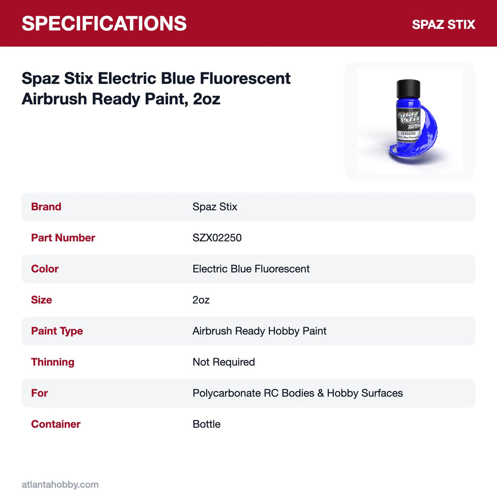 Spaz Stix Electric Blue Fluorescent Airbrush Ready Paint, 2oz specifications
