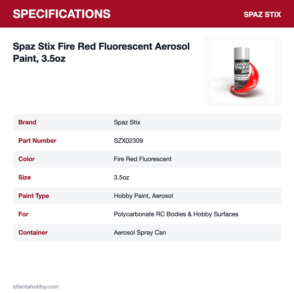 Spaz Stix Fire Red Fluorescent Aerosol Paint, 3.5oz specifications