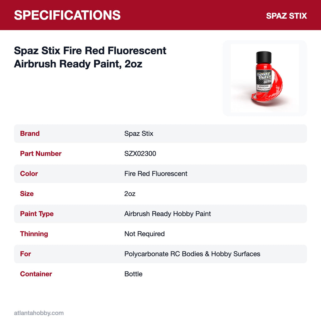 Spaz Stix Fire Red Fluorescent Airbrush Ready Paint, 2oz specifications