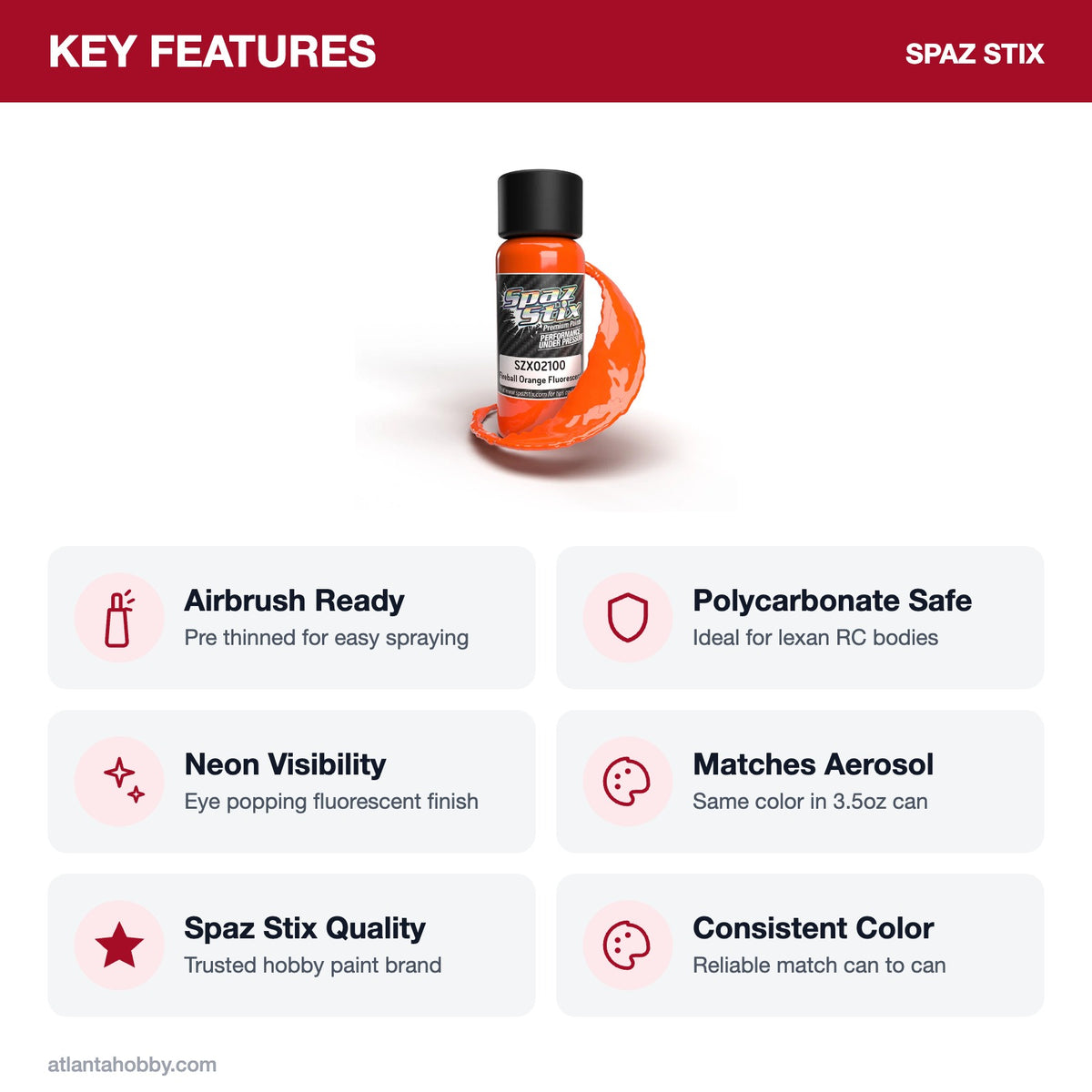 Spaz Stix Fireball Orange Fluorescent Airbrush Ready Paint, 2oz key features