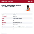 Spaz Stix Fireball Orange Fluorescent Airbrush Ready Paint, 2oz specifications