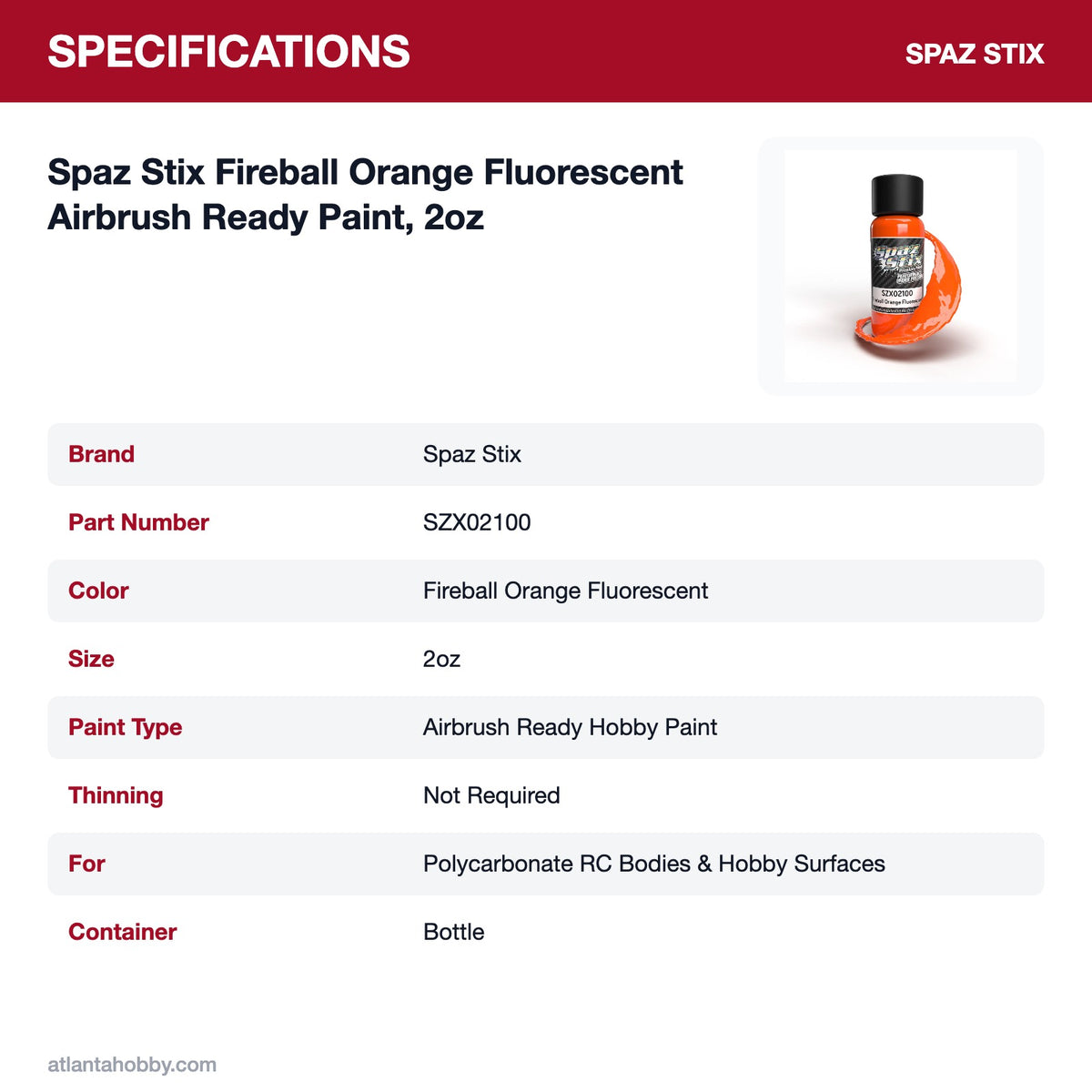 Spaz Stix Fireball Orange Fluorescent Airbrush Ready Paint, 2oz specifications