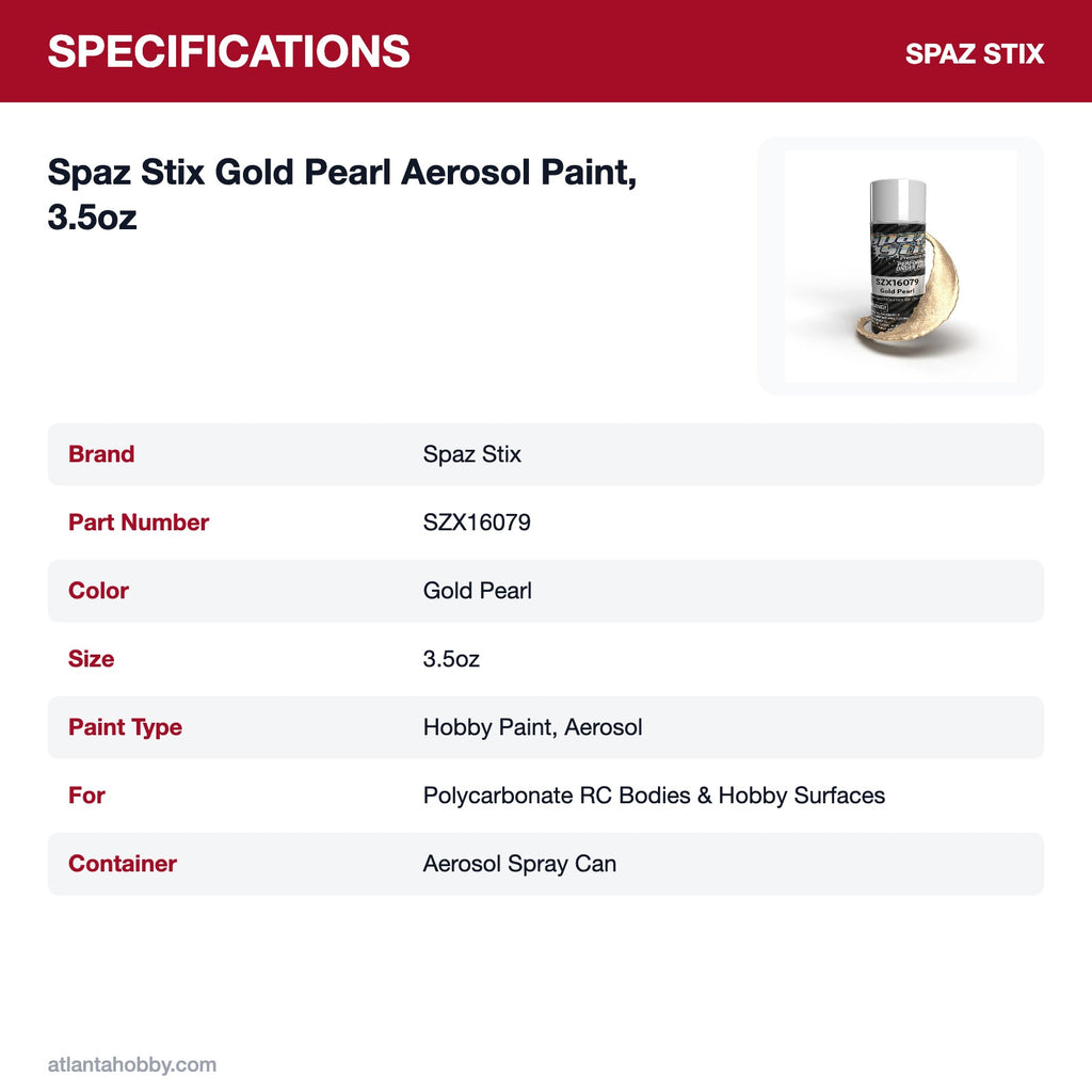 Spaz Stix Gold Pearl Aerosol Paint, 3.5oz specifications