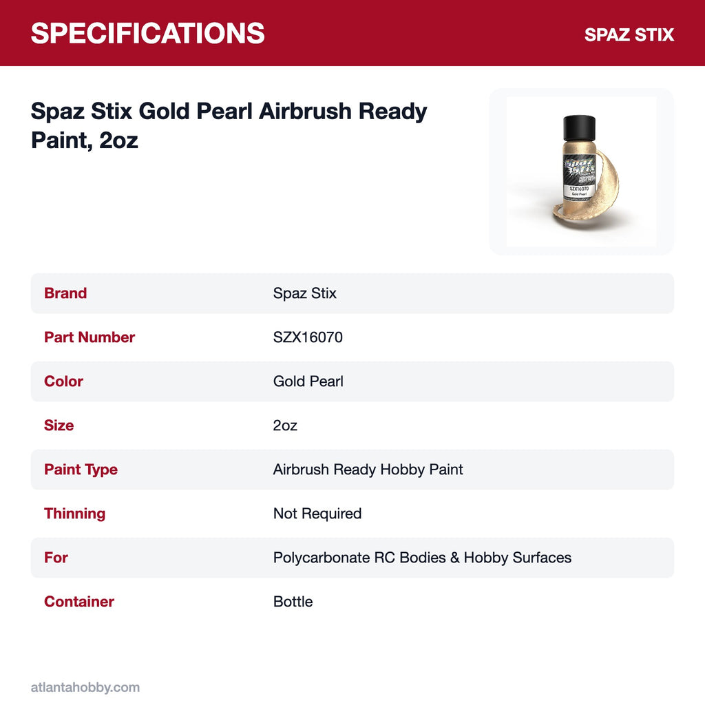 Spaz Stix Gold Pearl Airbrush Ready Paint, 2oz specifications
