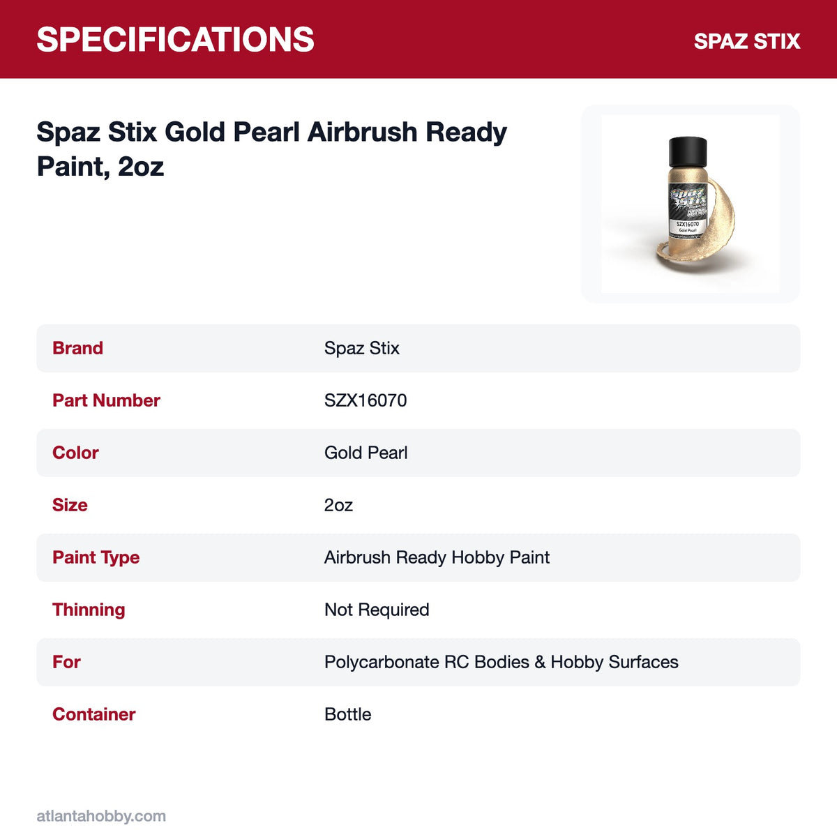 Spaz Stix Gold Pearl Airbrush Ready Paint, 2oz specifications