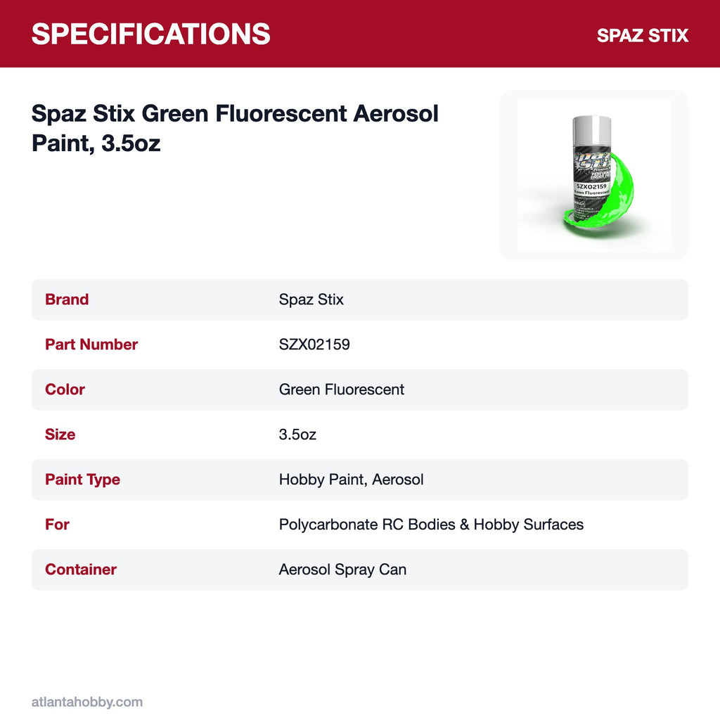 Spaz Stix Green Fluorescent Aerosol Paint, 3.5oz specifications