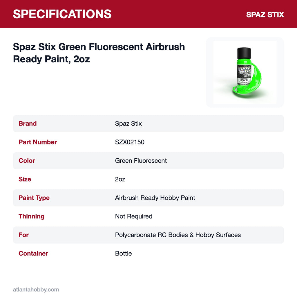 Spaz Stix Green Fluorescent Airbrush Ready Paint, 2oz specifications
