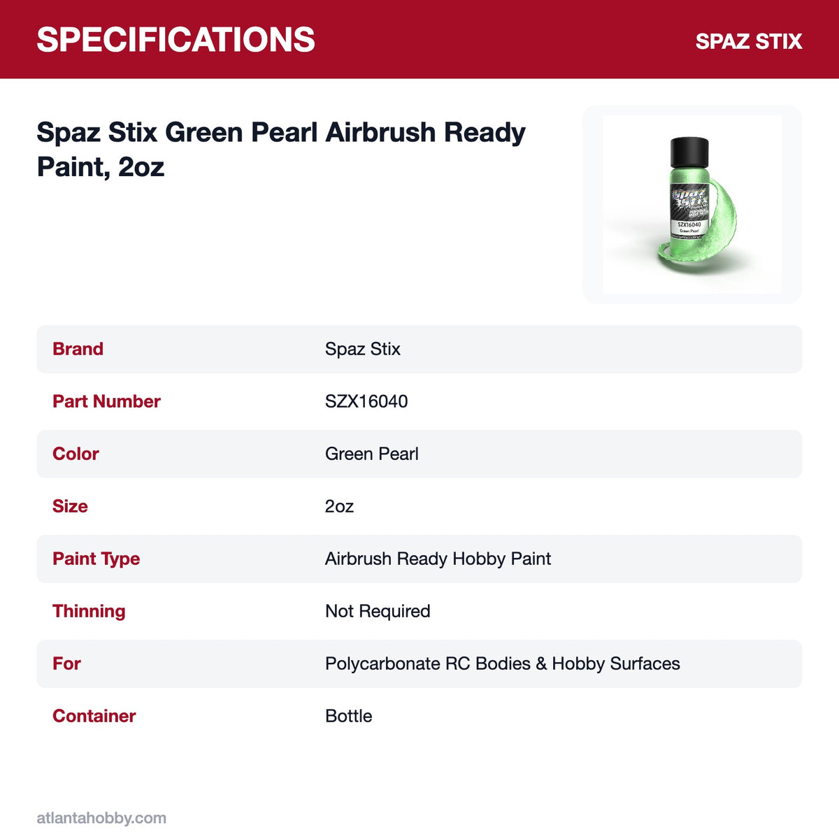 Spaz Stix Green Pearl Airbrush Ready Paint, 2oz specifications