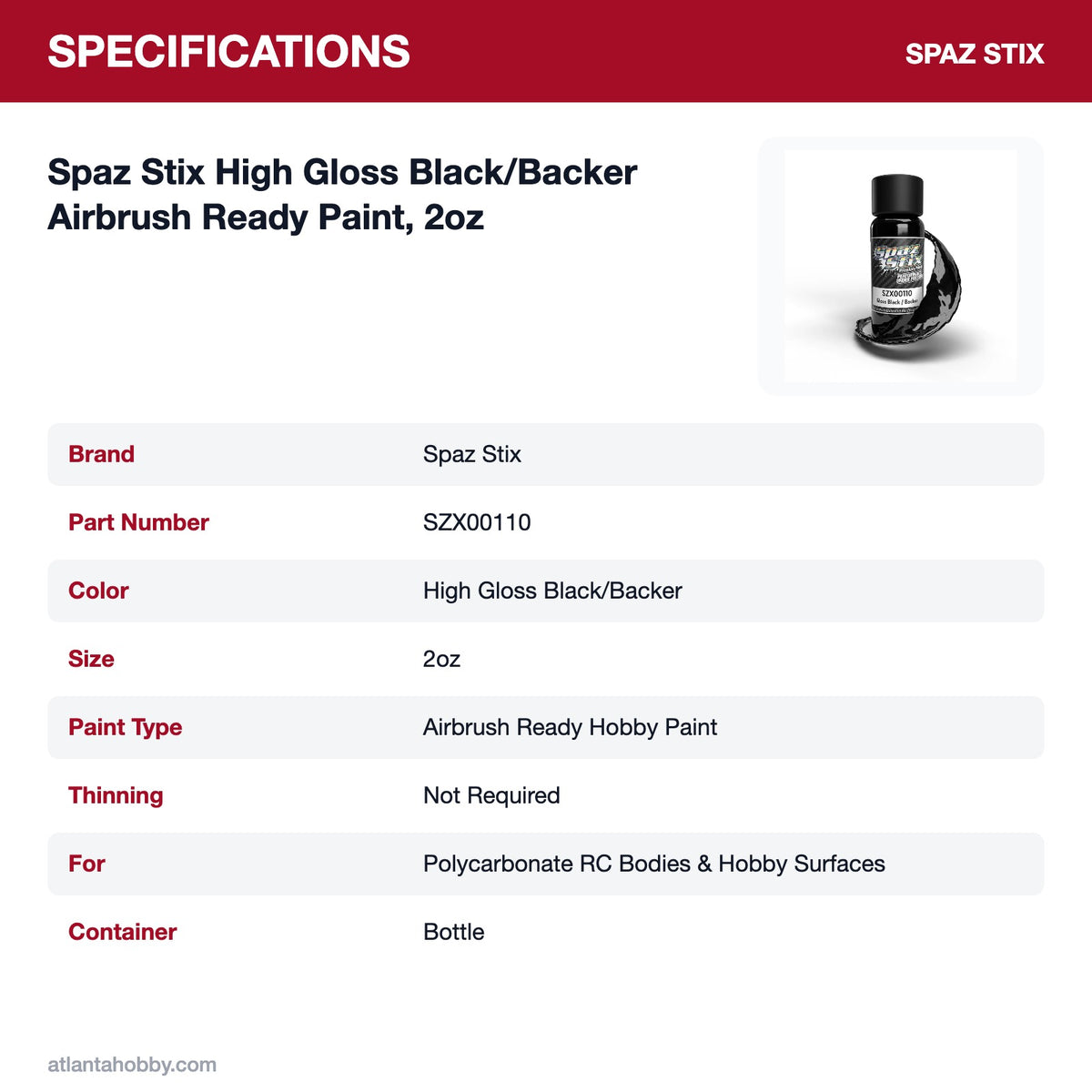 Spaz Stix High Gloss Black/Backer Airbrush Ready Paint, 2oz specifications