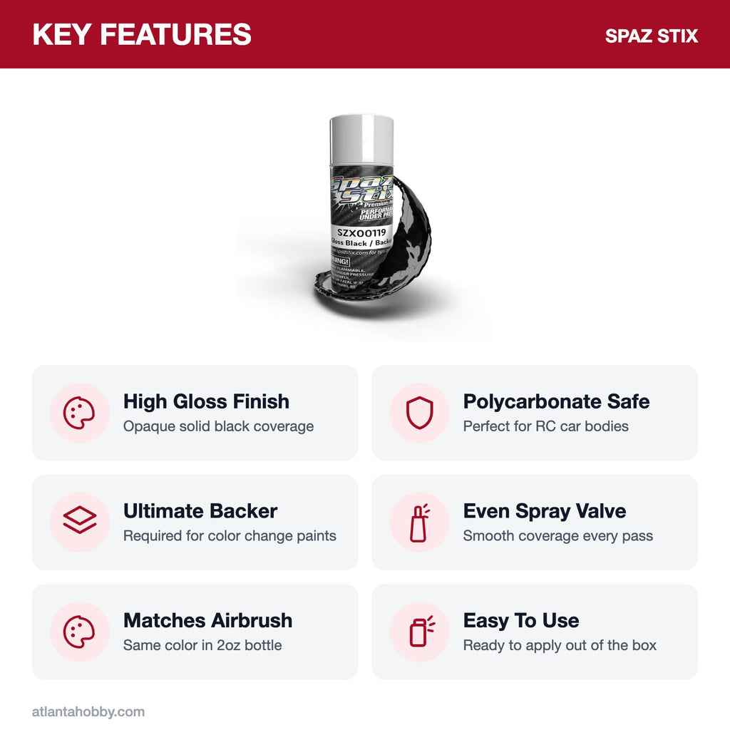 Spaz Stix High Gloss Black/Backer Aerosol Paint, 3.5oz key features