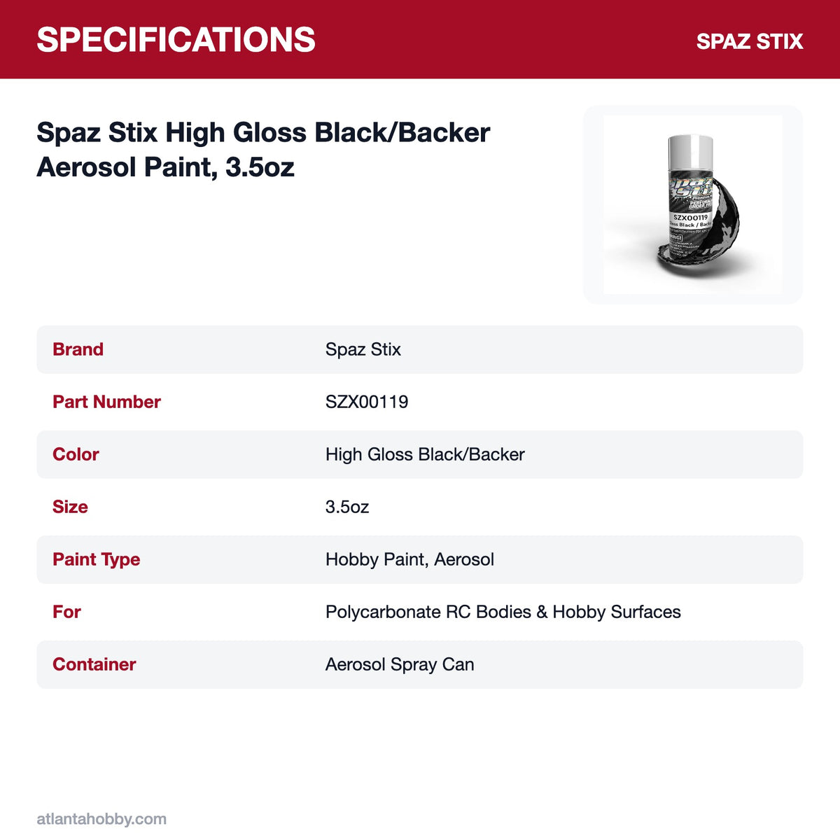 Spaz Stix High Gloss Black/Backer Aerosol Paint, 3.5oz specifications