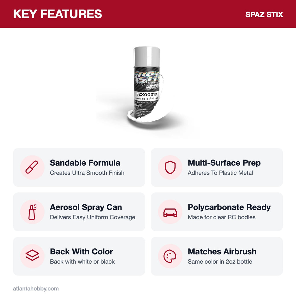 Spaz Stix High Quality Sandable Primer Aerosol Paint, 3.5oz key features