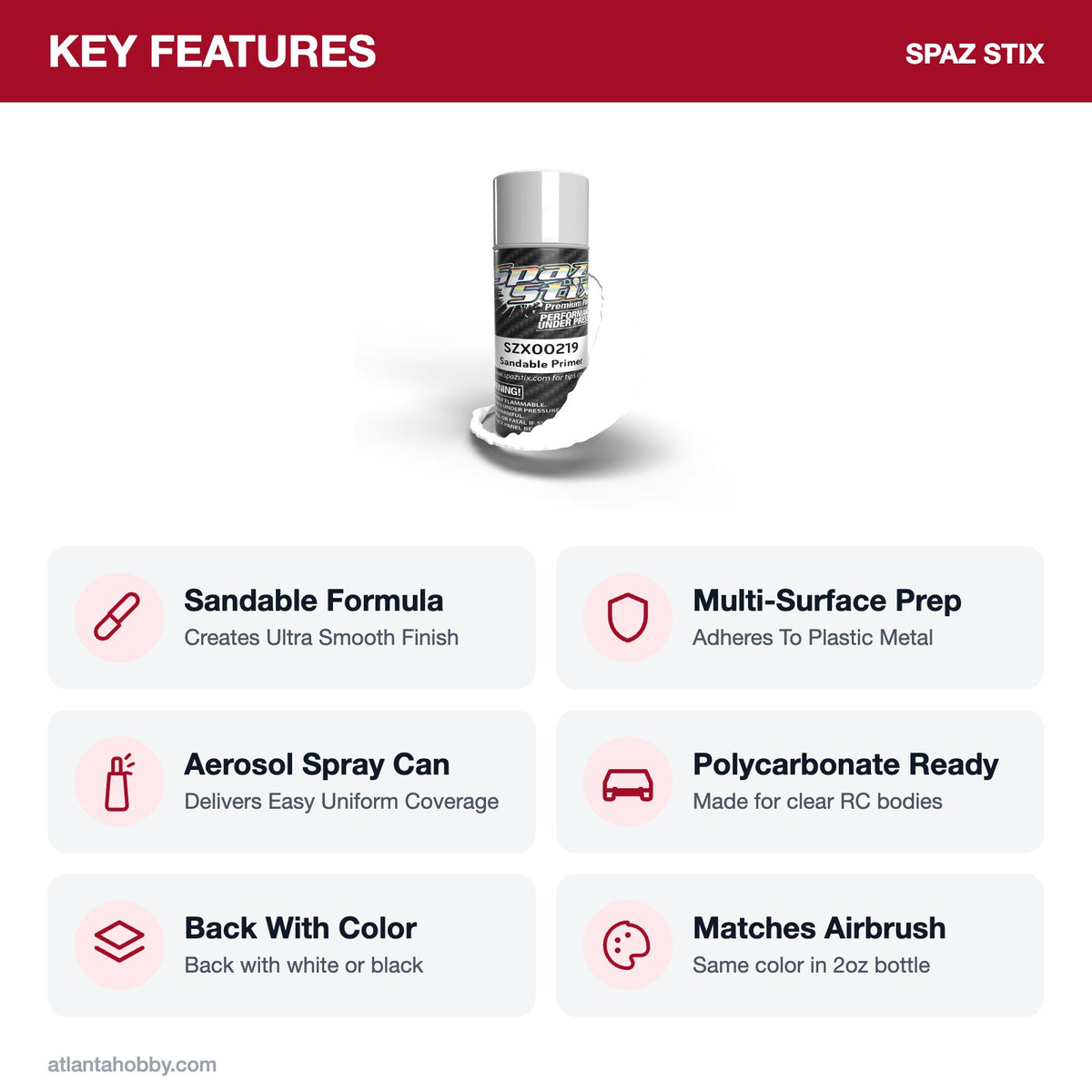 Spaz Stix High Quality Sandable Primer Aerosol Paint, 3.5oz key features