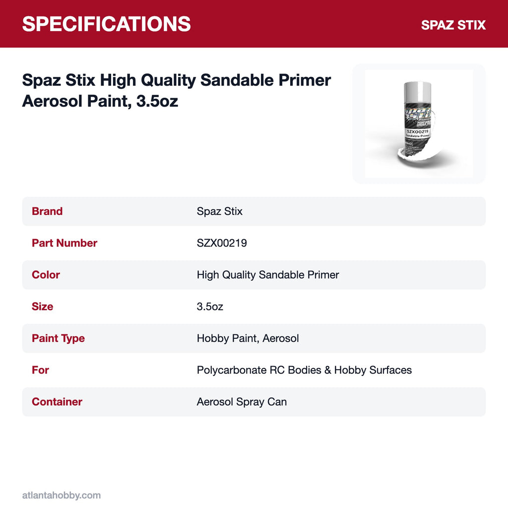 Spaz Stix High Quality Sandable Primer Aerosol Paint, 3.5oz specifications