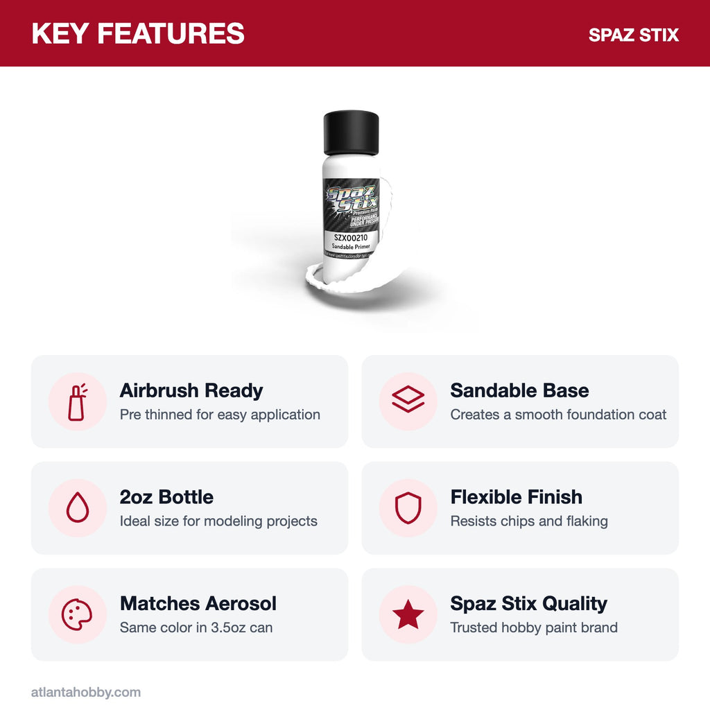 Spaz Stix High Quality Sandable Primer Airbrush Ready Paint, 2oz key features
