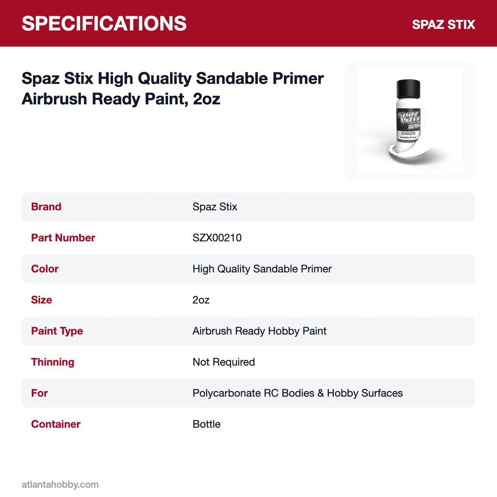 Spaz Stix High Quality Sandable Primer Airbrush Ready Paint, 2oz specifications