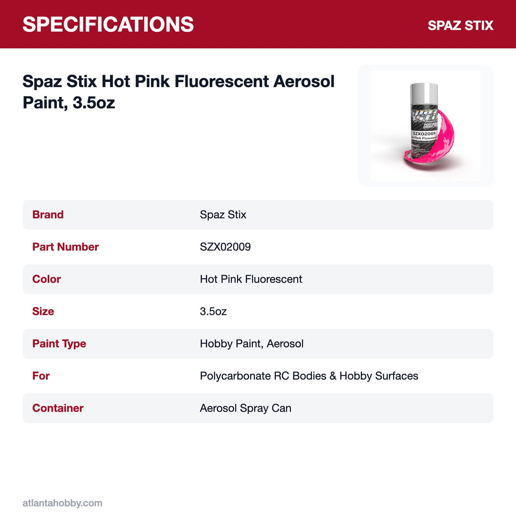 Spaz Stix Hot Pink Fluorescent Aerosol Paint, 3.5oz specifications