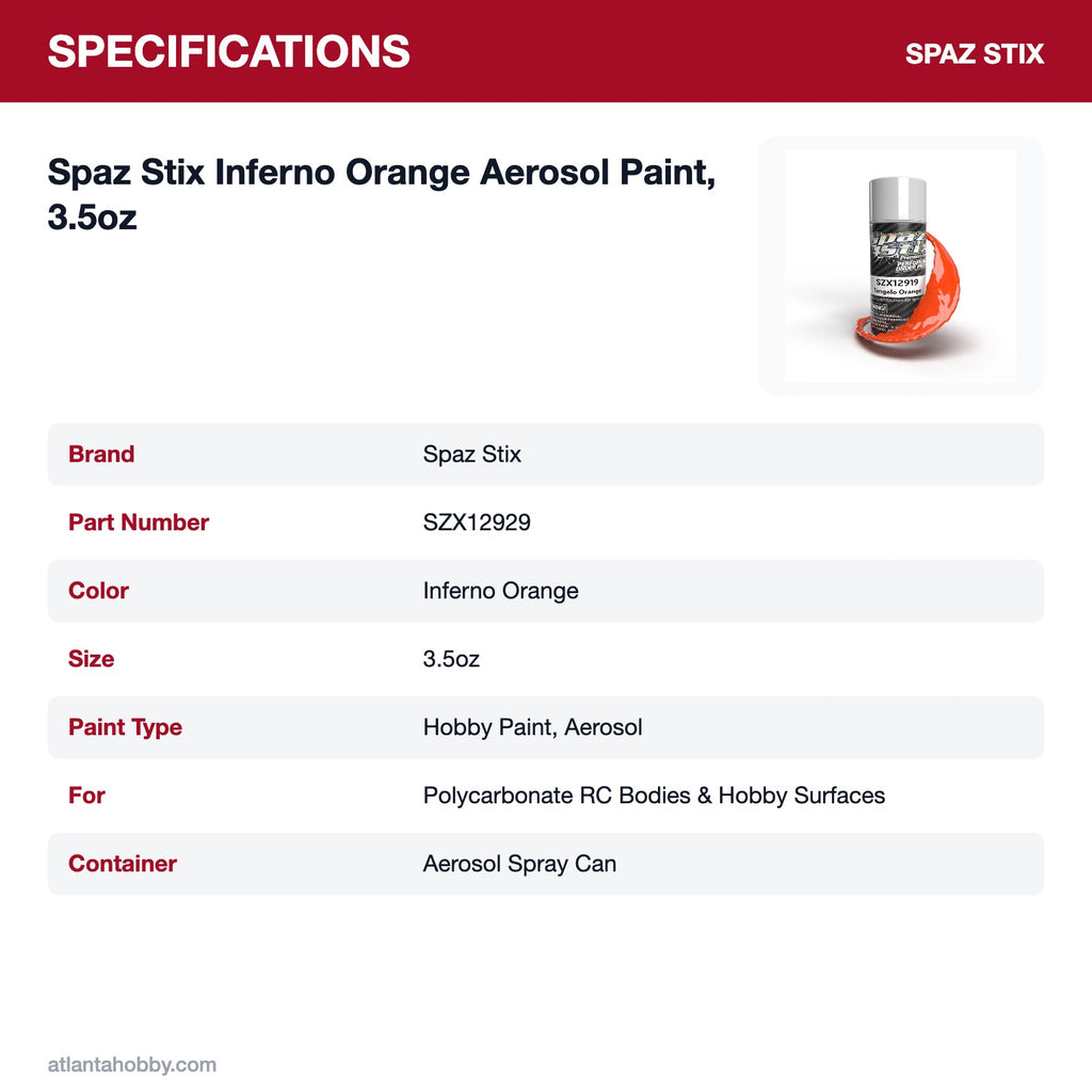 Spaz Stix Inferno Orange Aerosol Paint, 3.5oz specifications