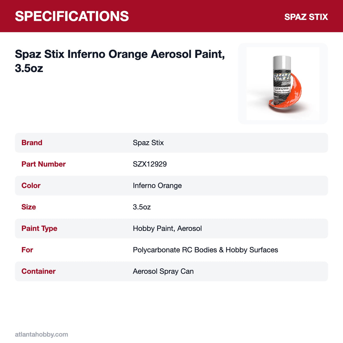 Spaz Stix Inferno Orange Aerosol Paint, 3.5oz specifications