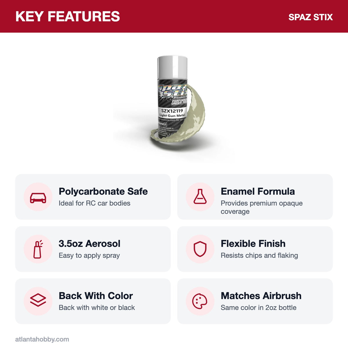 Spaz Stix Light Gunmetal Aerosol Paint, 3.5oz key features