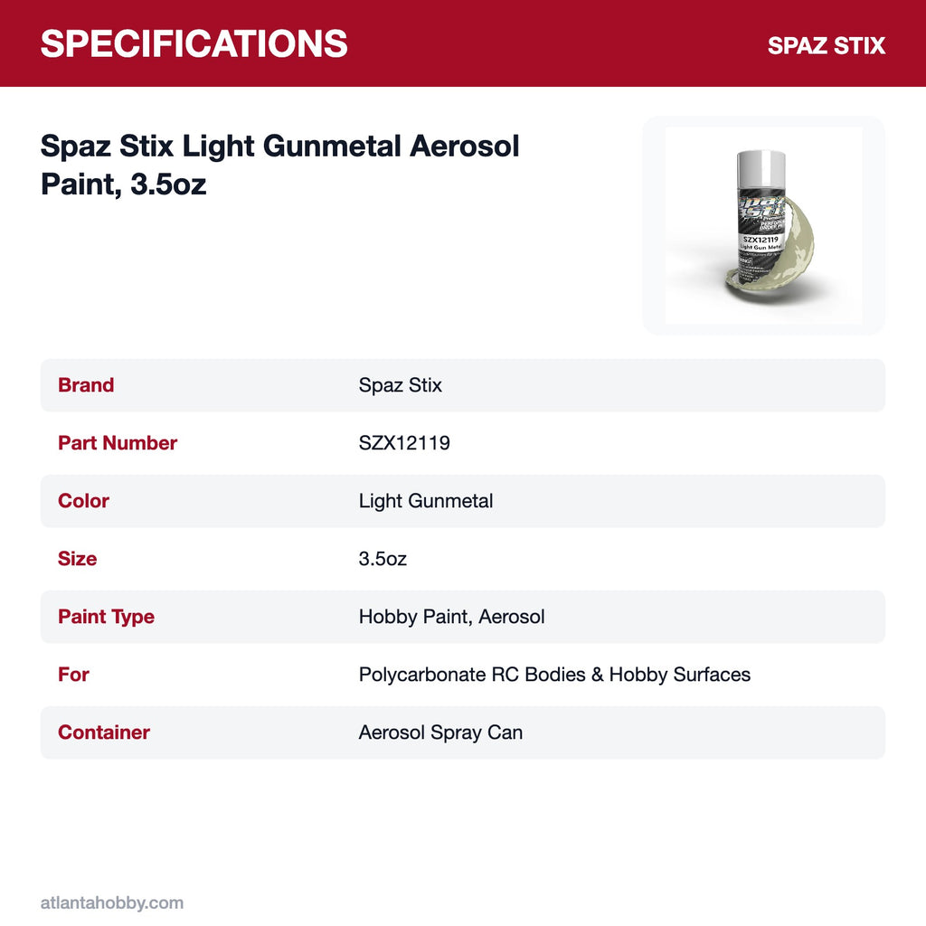 Spaz Stix Light Gunmetal Aerosol Paint, 3.5oz specifications