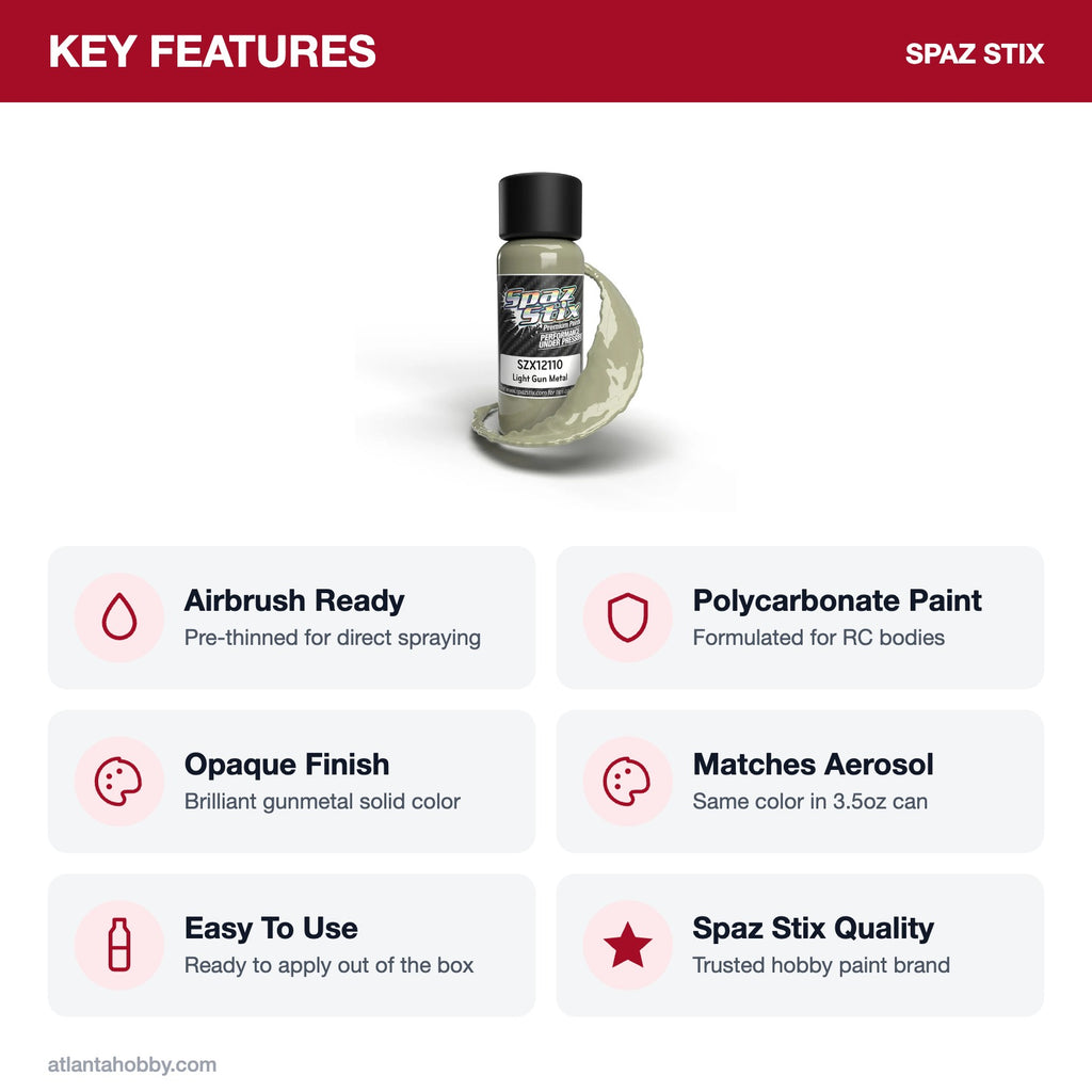 Spaz Stix Light Gunmetal Airbrush Ready Paint, 2oz key features
