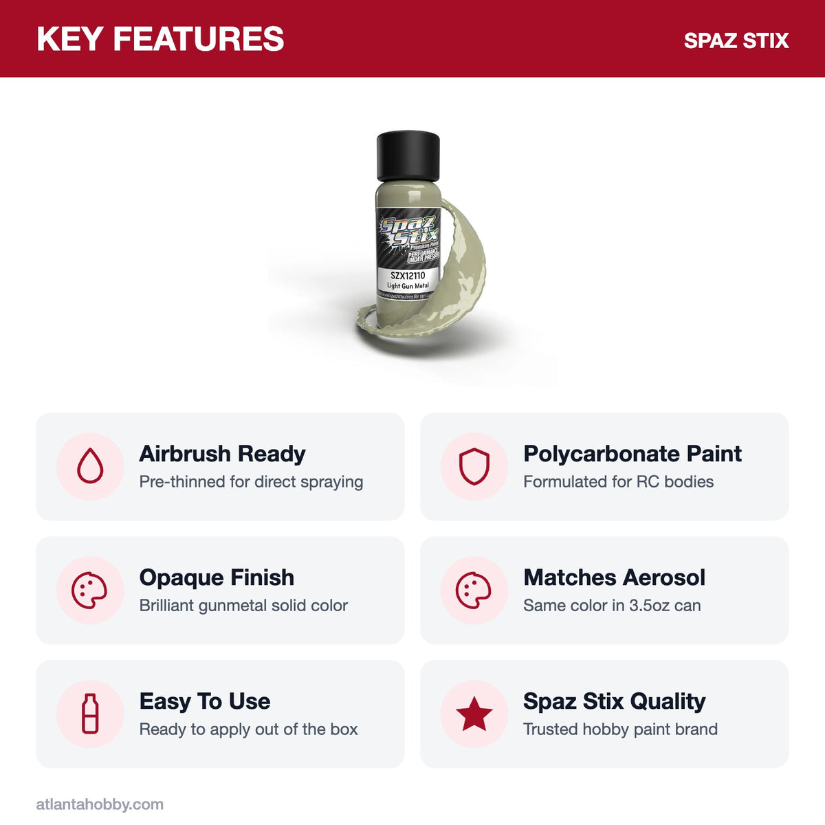 Spaz Stix Light Gunmetal Airbrush Ready Paint, 2oz key features