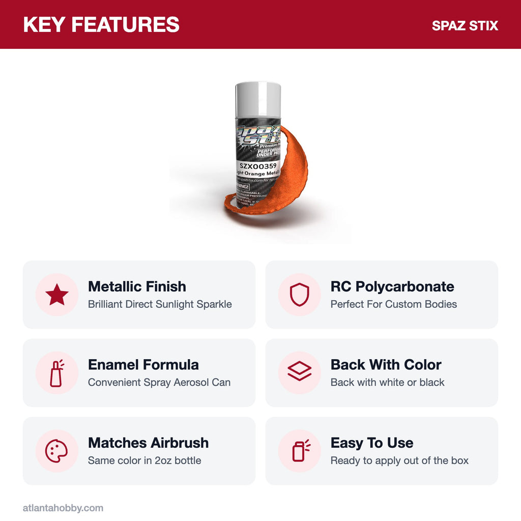 Spaz Stix Light Orange Metallic Aerosol Paint, 3.5oz key features