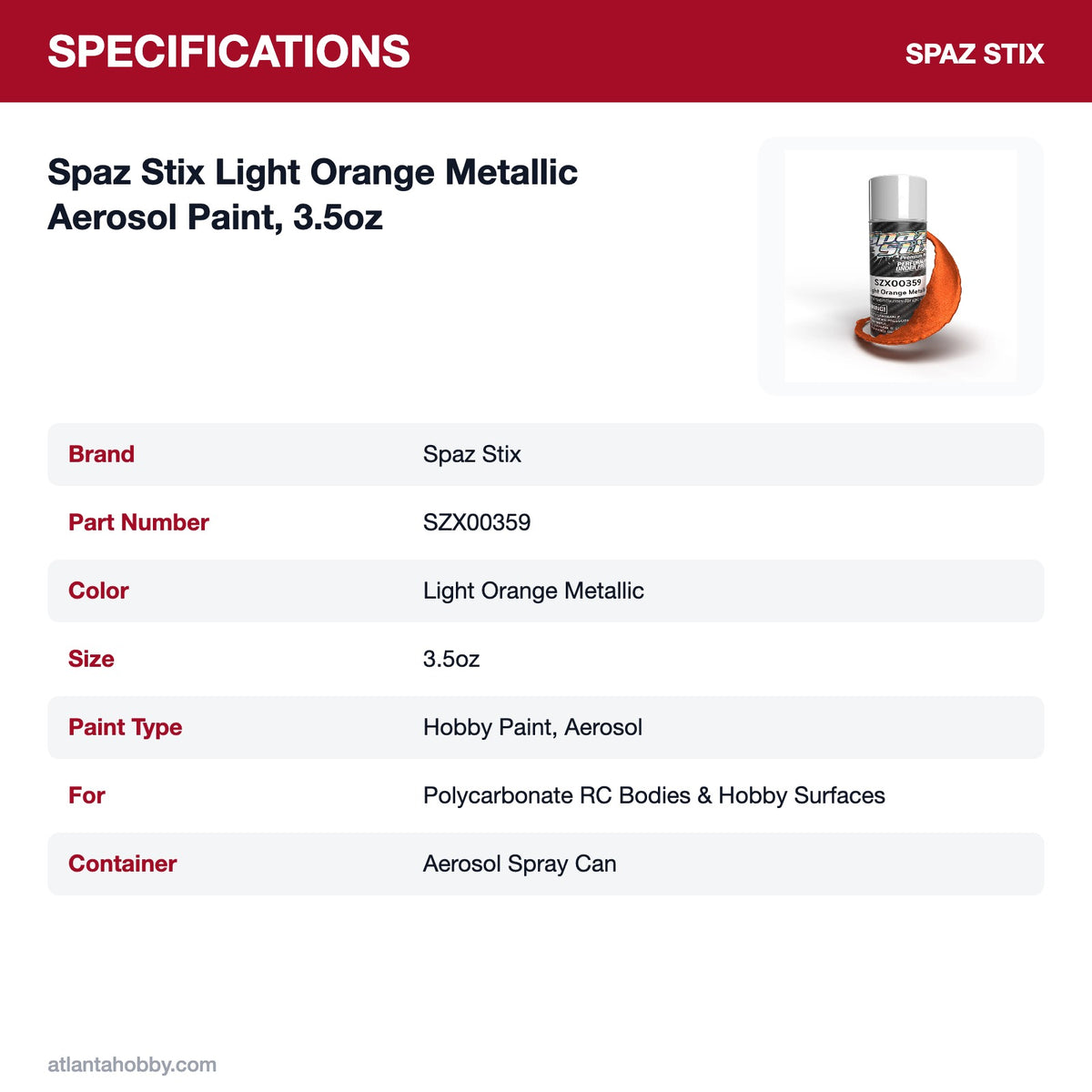 Spaz Stix Light Orange Metallic Aerosol Paint, 3.5oz specifications