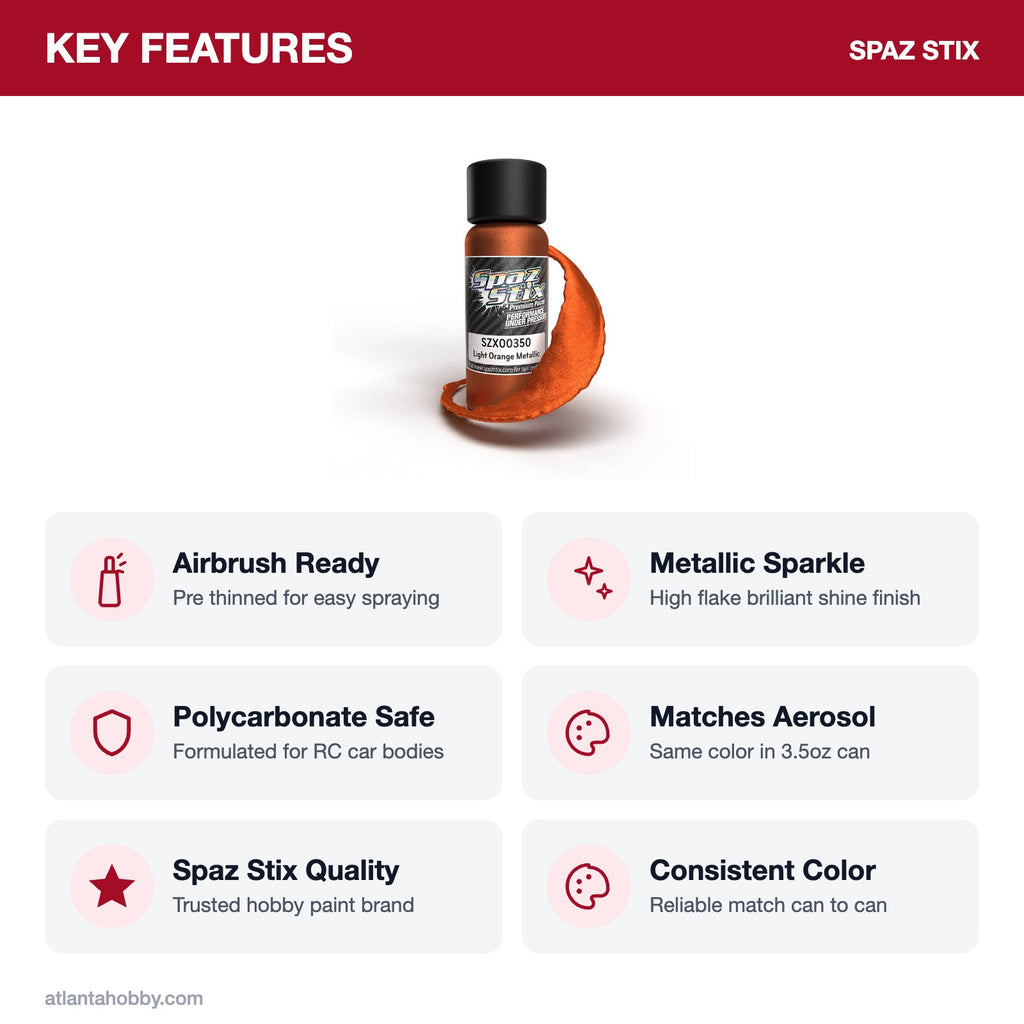 Spaz Stix Light Orange Metallic Airbrush Ready Paint, 2oz key features