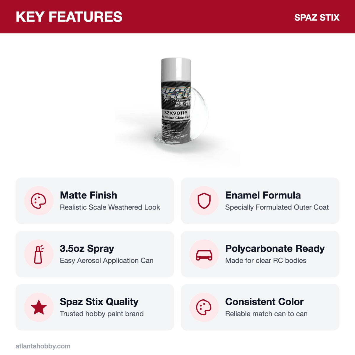 Spaz Stix No-Shine Matte Clear Coat Aerosol, 3.5oz key features