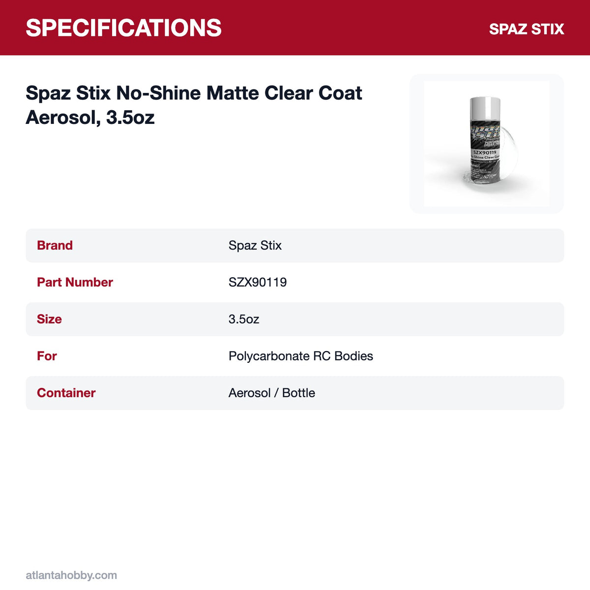 Spaz Stix No-Shine Matte Clear Coat Aerosol, 3.5oz specifications