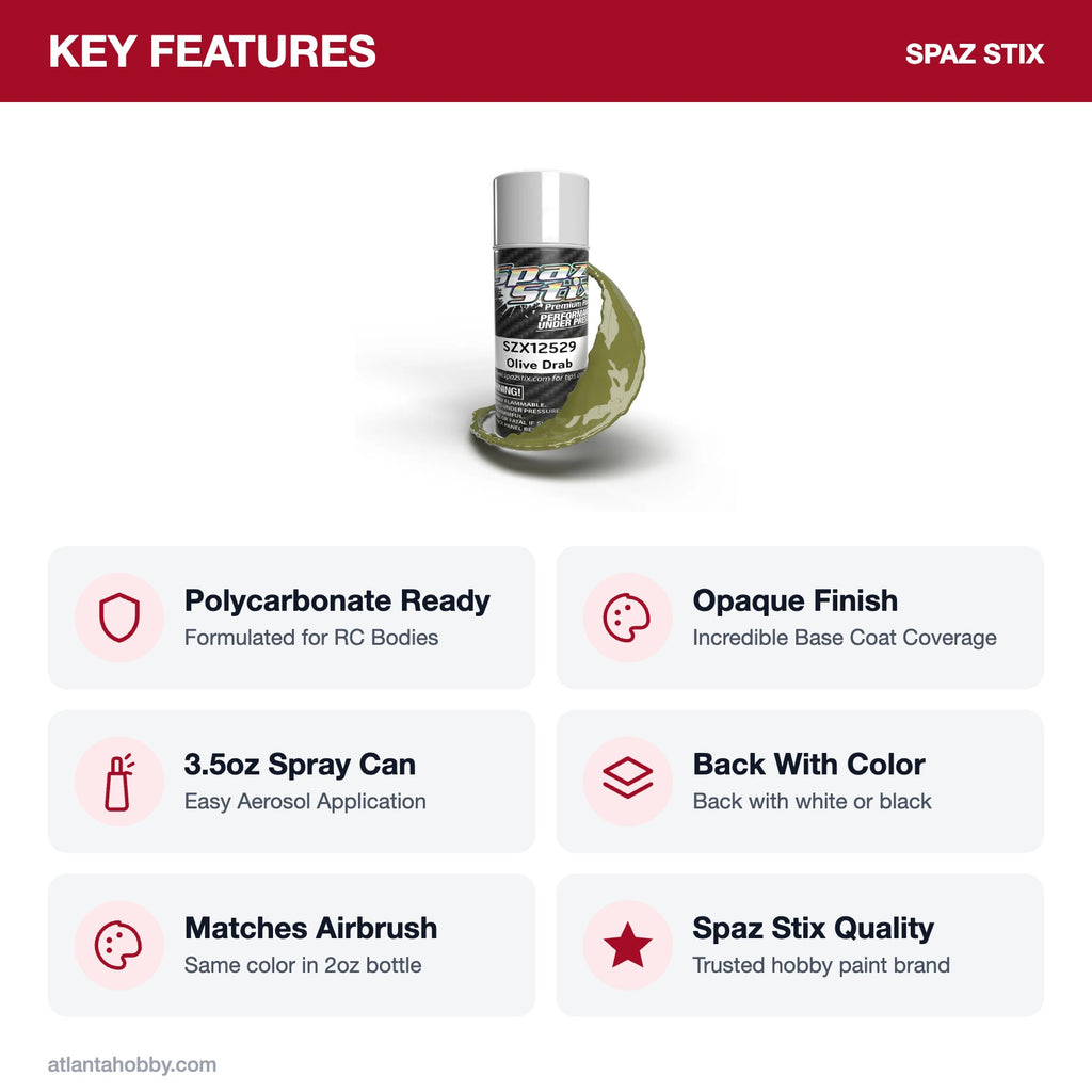 Spaz Stix Olive Drab Aerosol Paint, 3.5oz key features