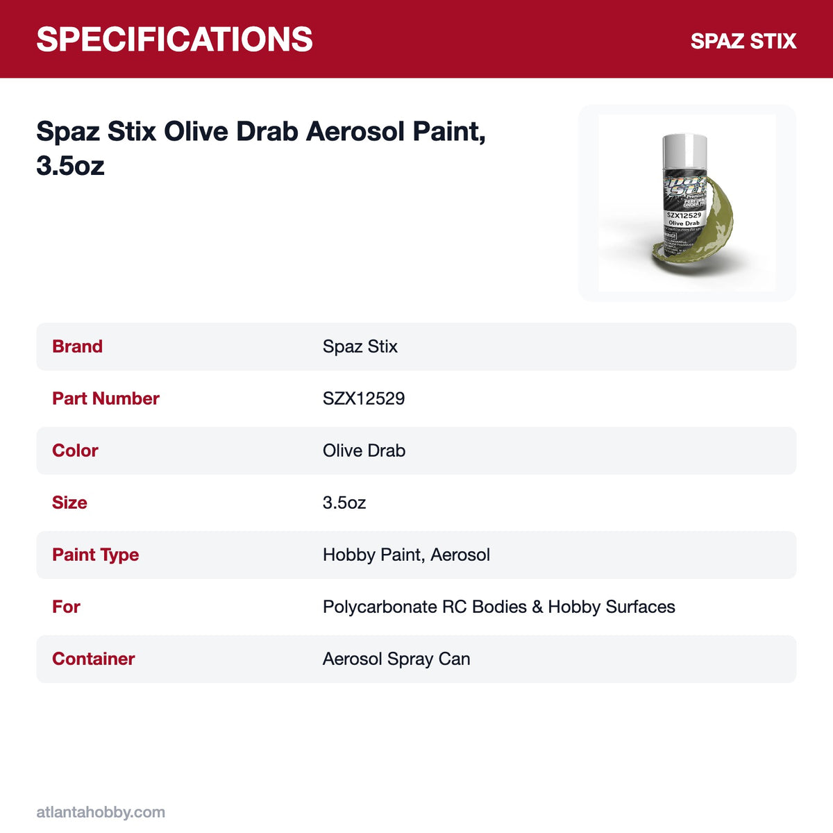 Spaz Stix Olive Drab Aerosol Paint, 3.5oz specifications