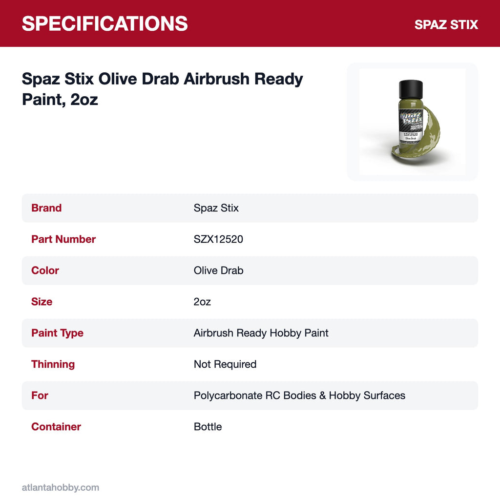 Spaz Stix Olive Drab Airbrush Ready Paint, 2oz specifications