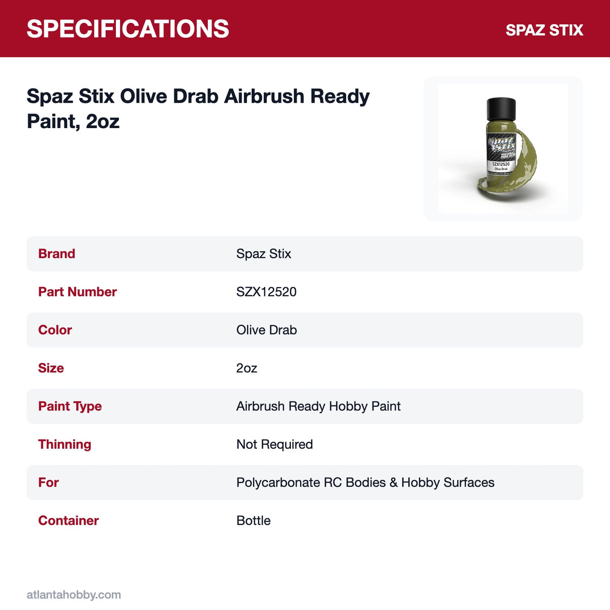 Spaz Stix Olive Drab Airbrush Ready Paint, 2oz specifications