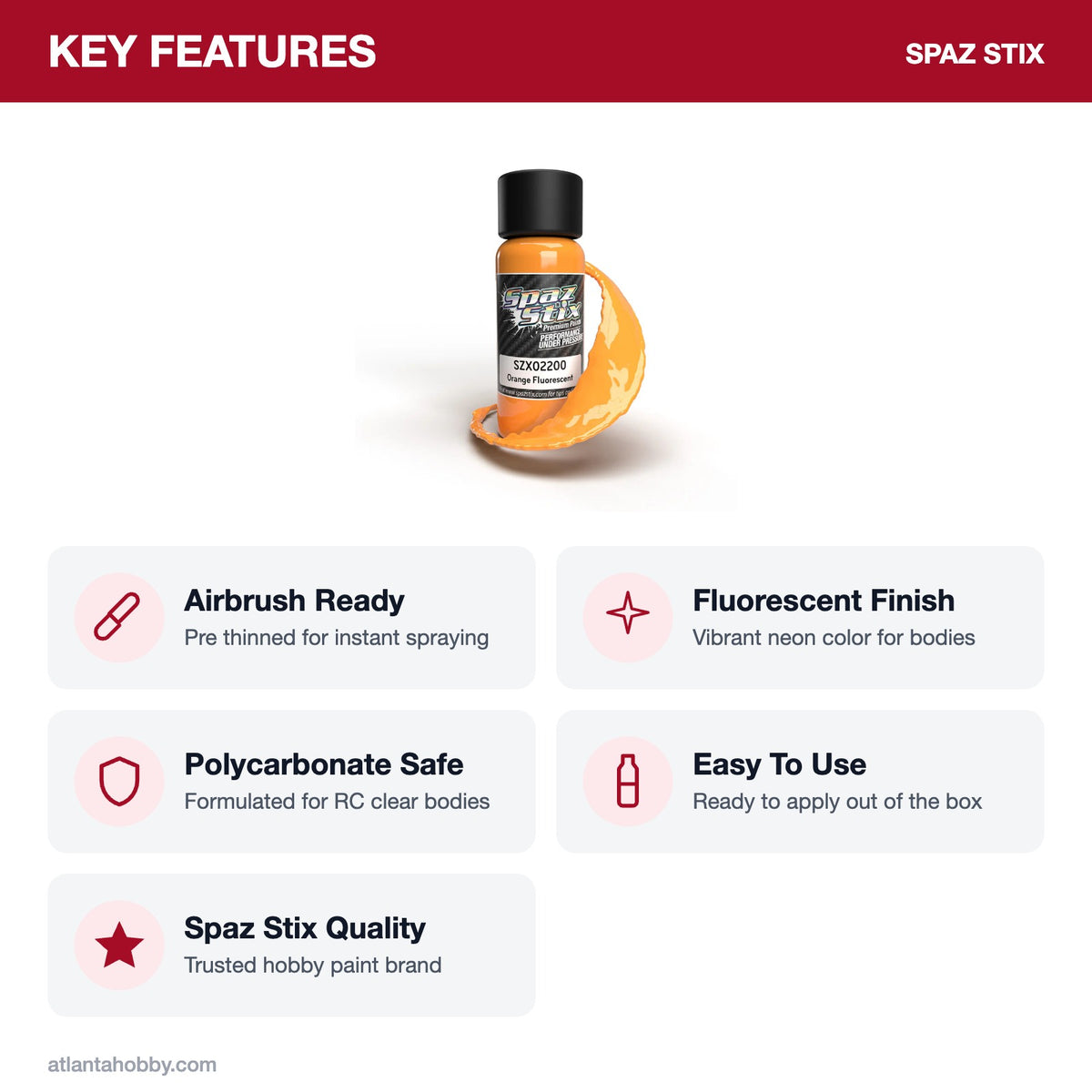Spaz Stix Orange Fluorescent Airbrush Ready Paint, 2oz key features