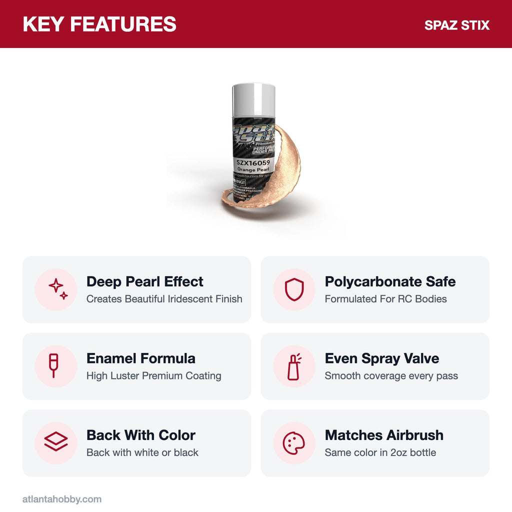 Spaz Stix Orange Pearl Aerosol Paint, 3.5oz key features