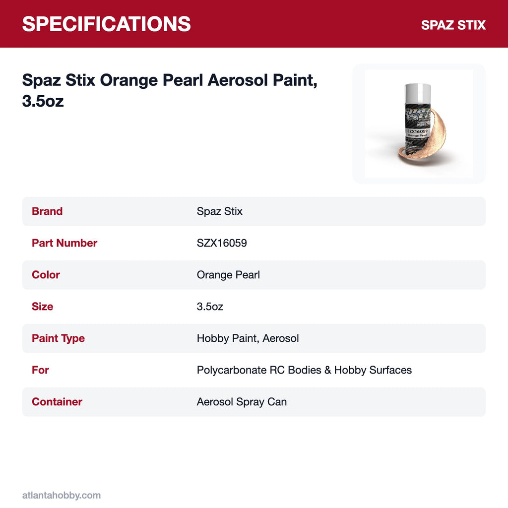 Spaz Stix Orange Pearl Aerosol Paint, 3.5oz specifications