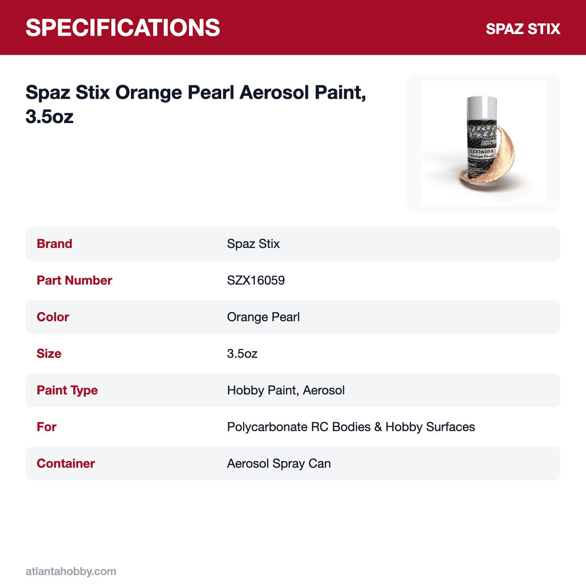Spaz Stix Orange Pearl Aerosol Paint, 3.5oz specifications